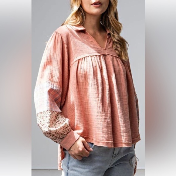 SOLD OUT EASEL FLANNEL SLEEVE GAUZE TOP - Picture 1 of 7
